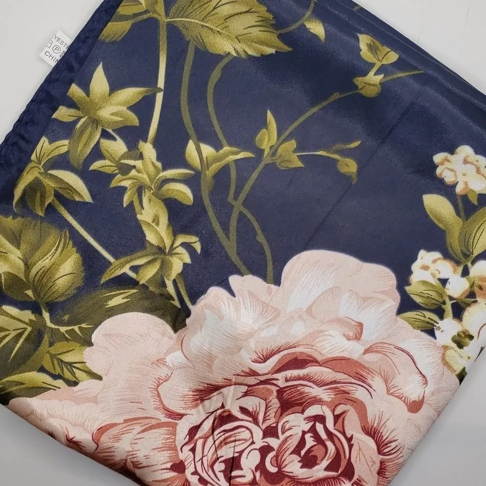 Navy blue Floral blossom imitation silk luxury scarf head wrap
